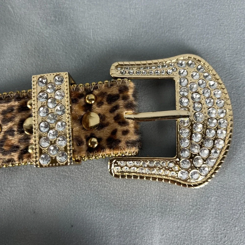 Kathy Van Zeeland Womens Belt Large Leopard Print Gold Studded Rhinestone Buckle